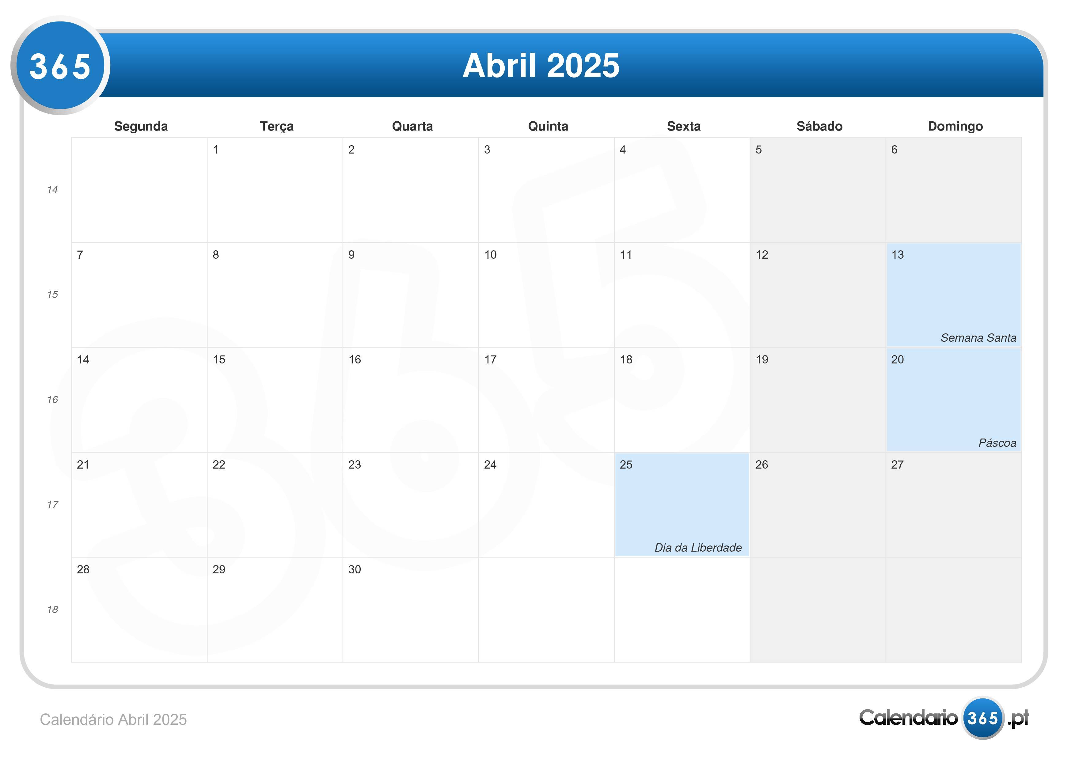 Calendário Abril 2025
