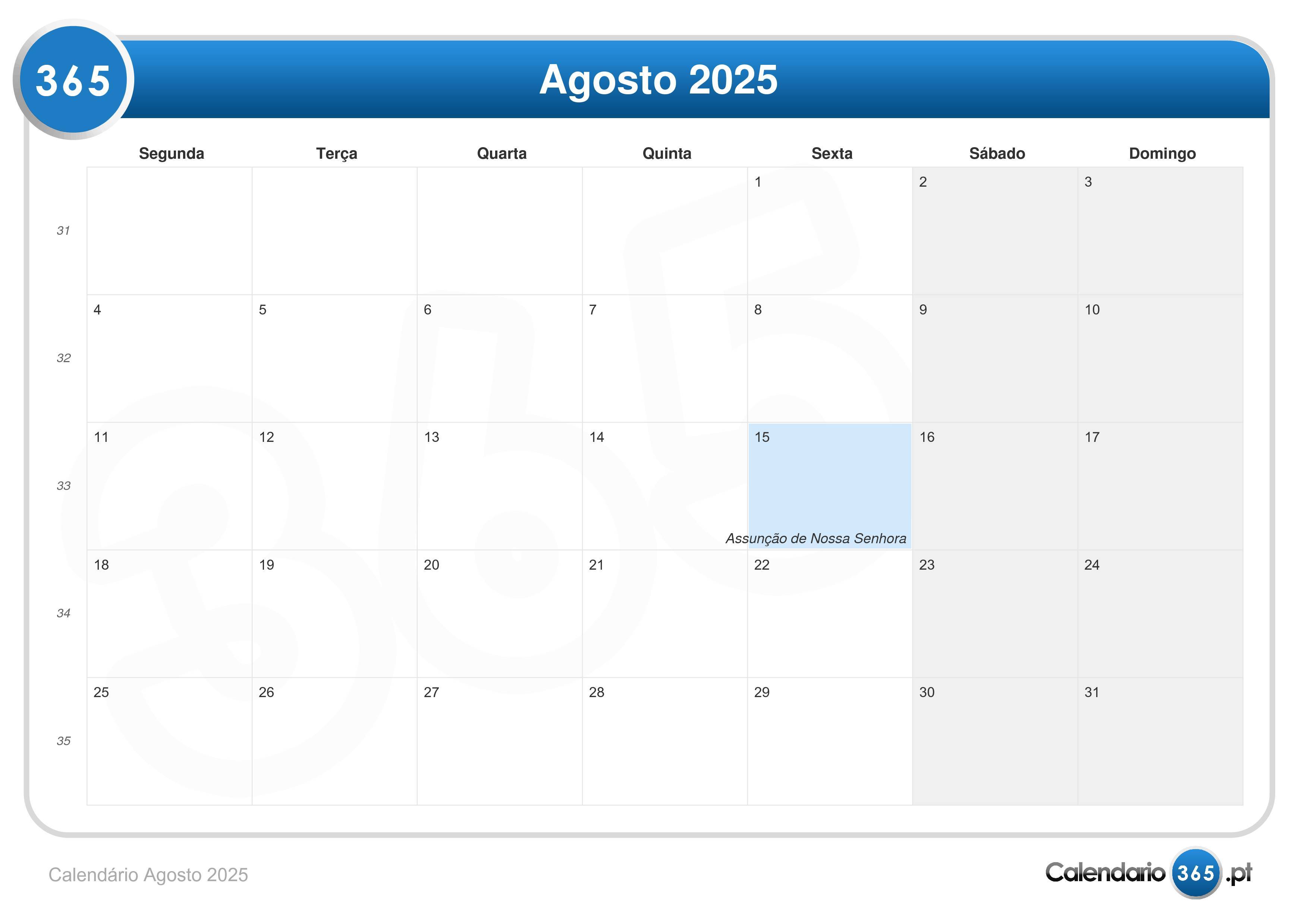 Calendário Agosto 2025