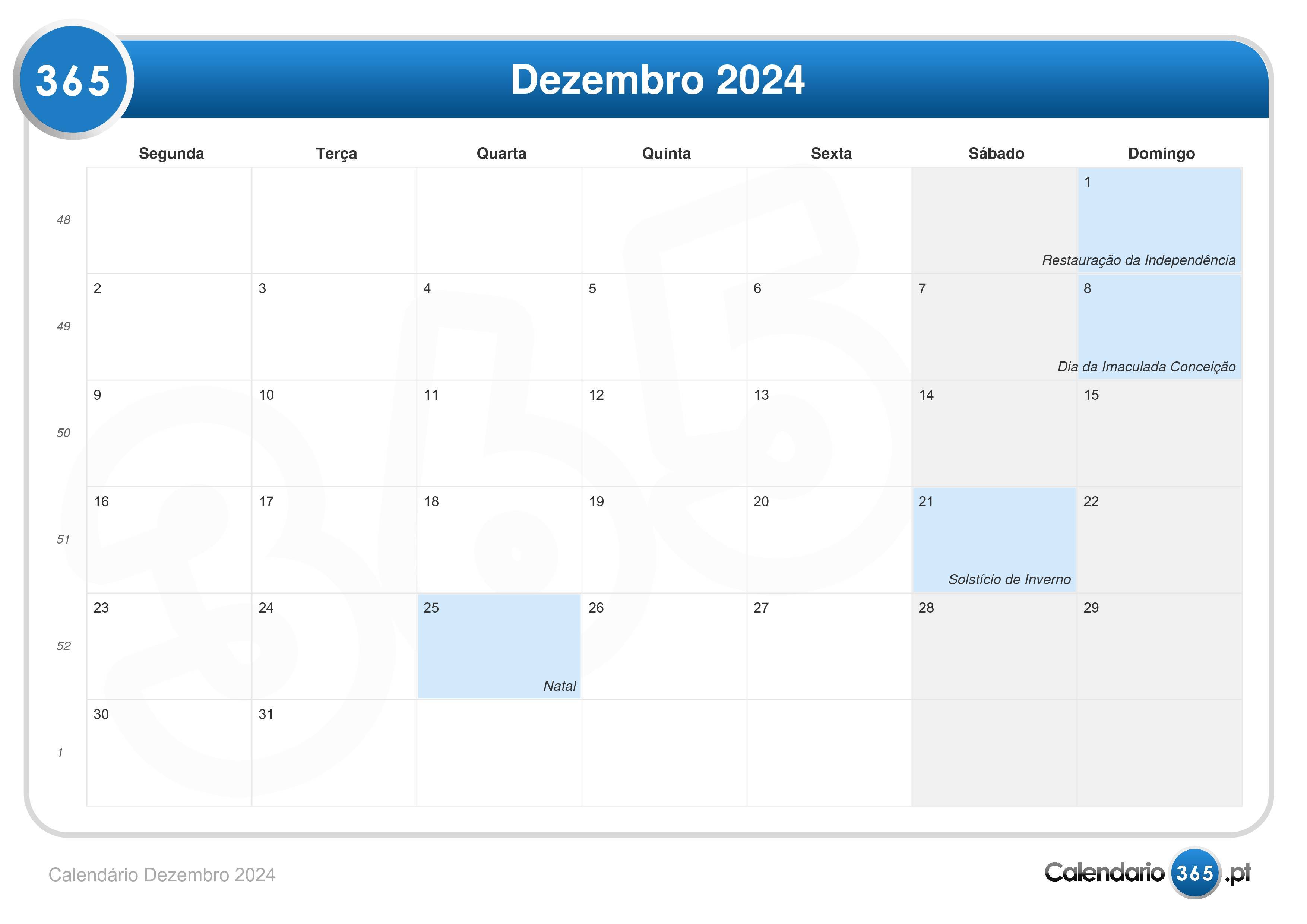 Calendário dezembro 2024