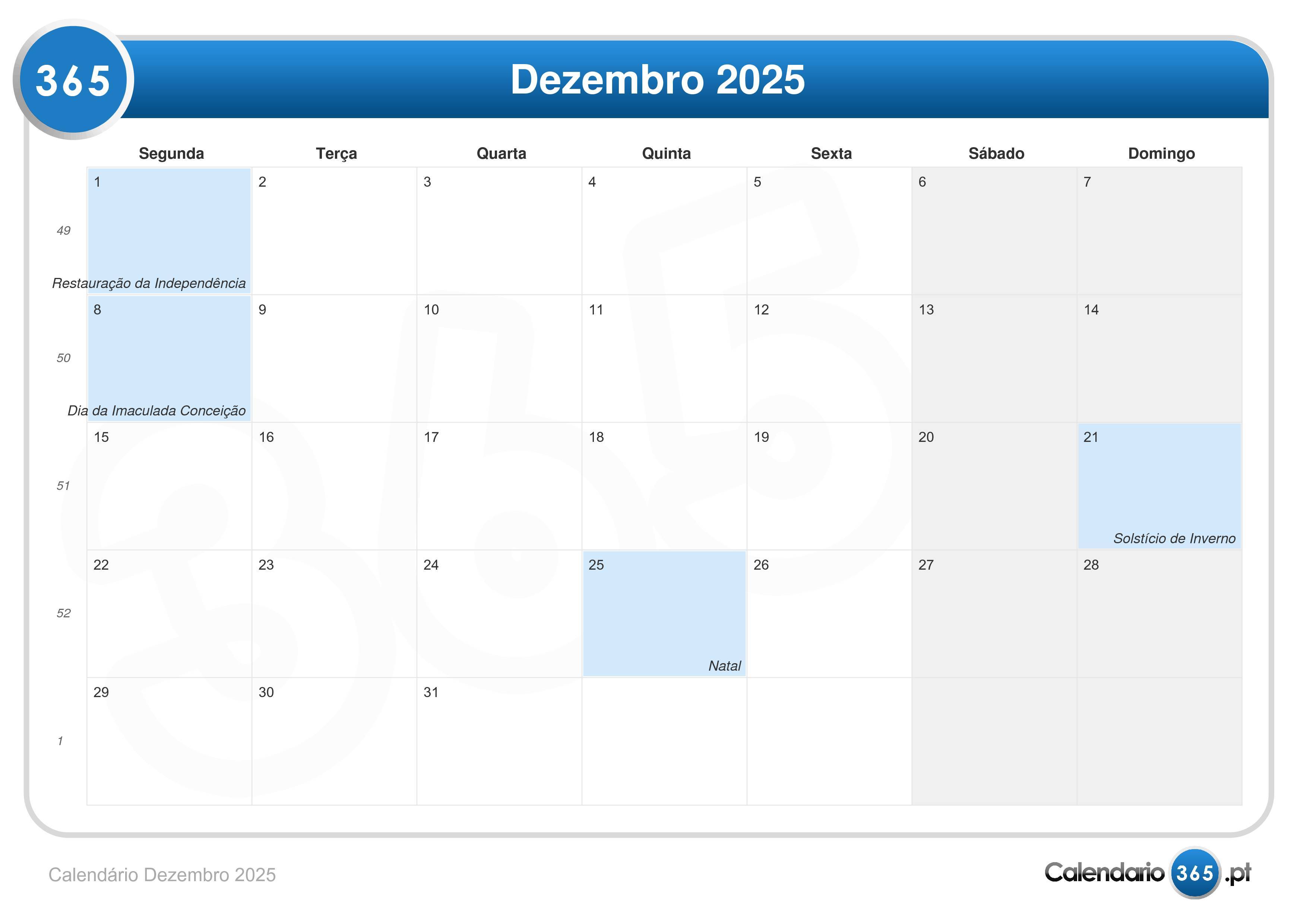 Calendário Dezembro 2025