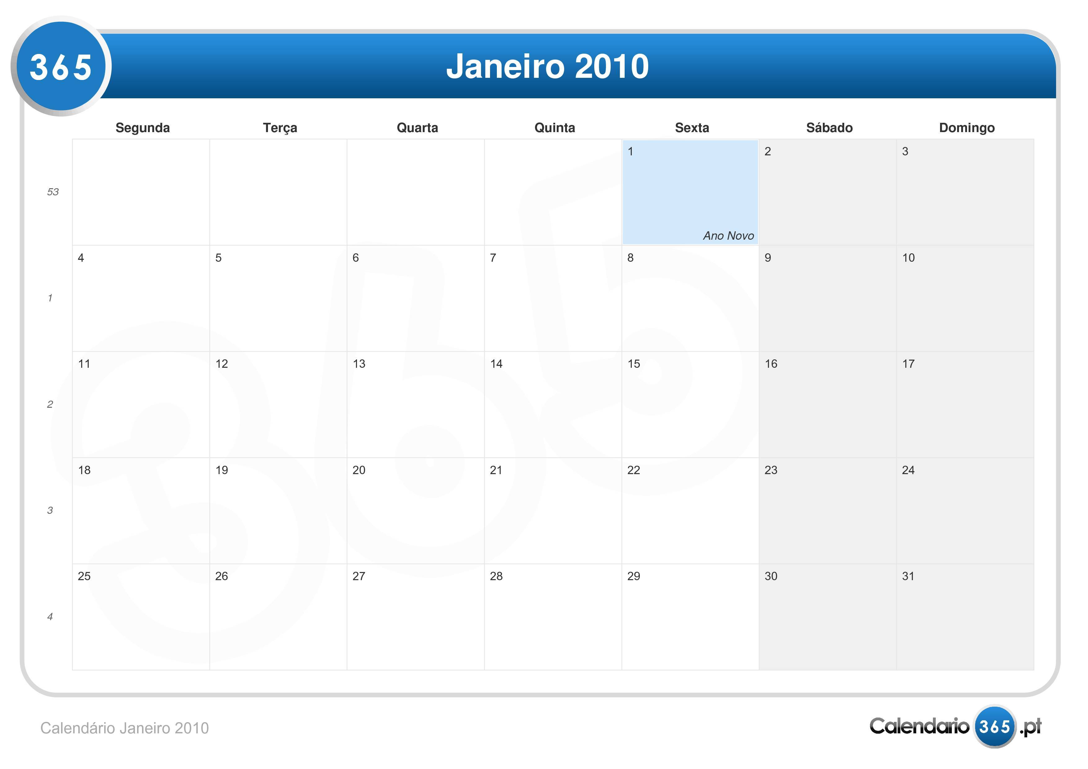 Calendário Janeiro 2010