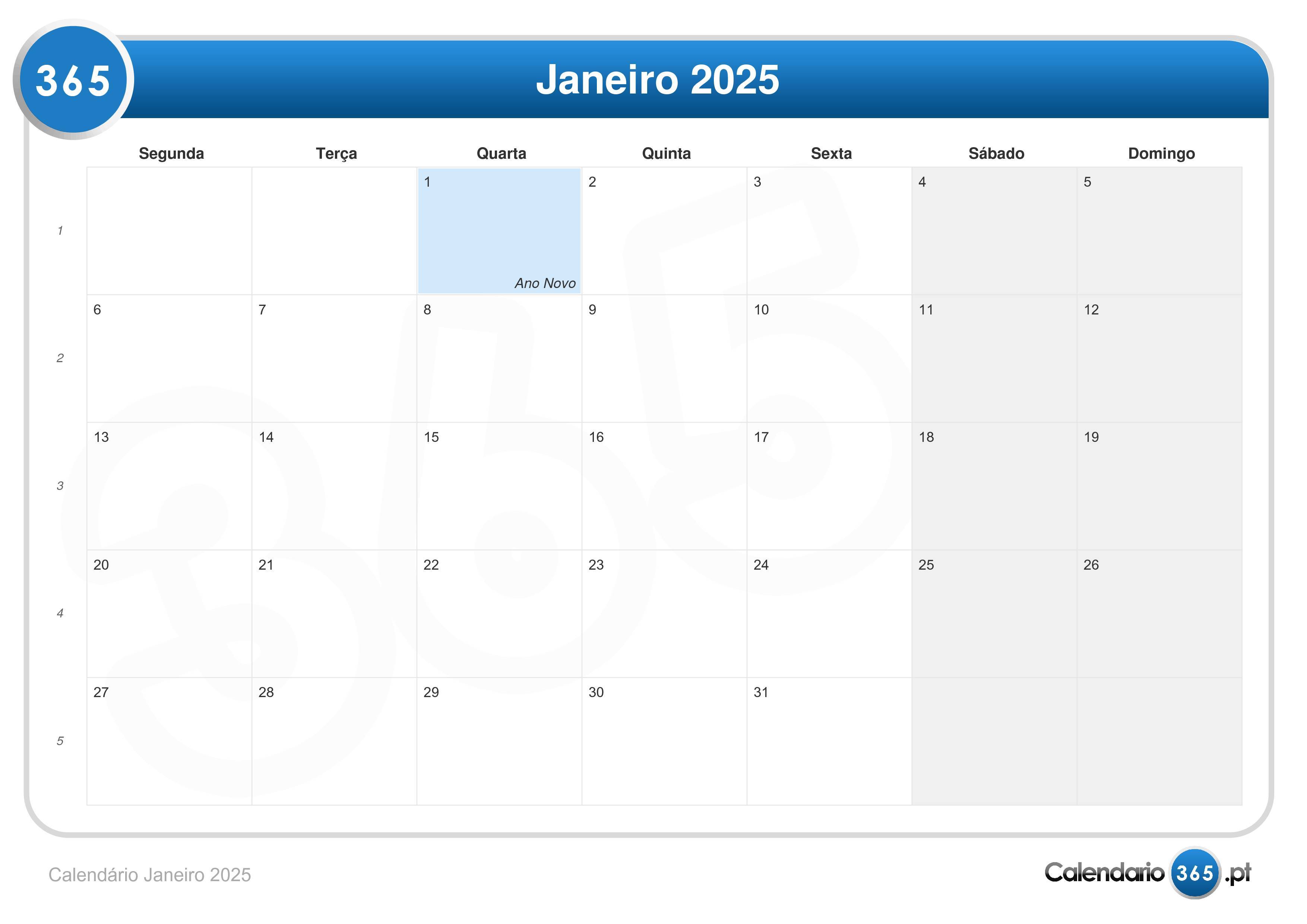 Calendário Janeiro 2025