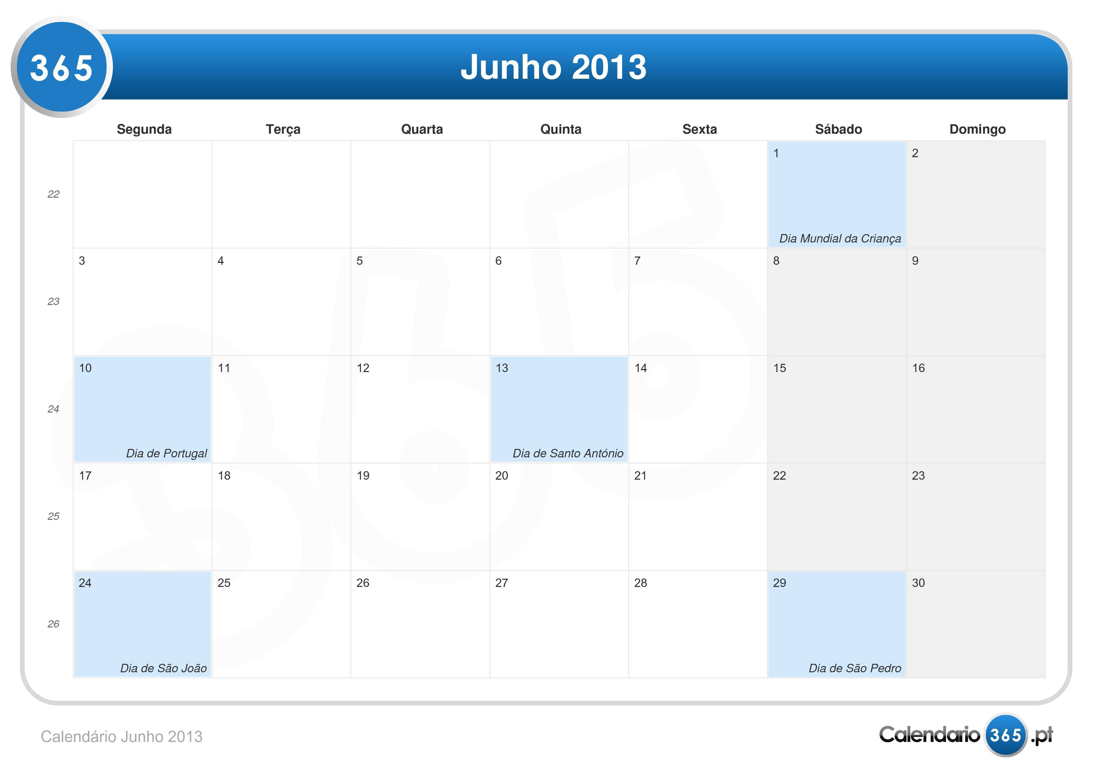Calendário Junho 2013