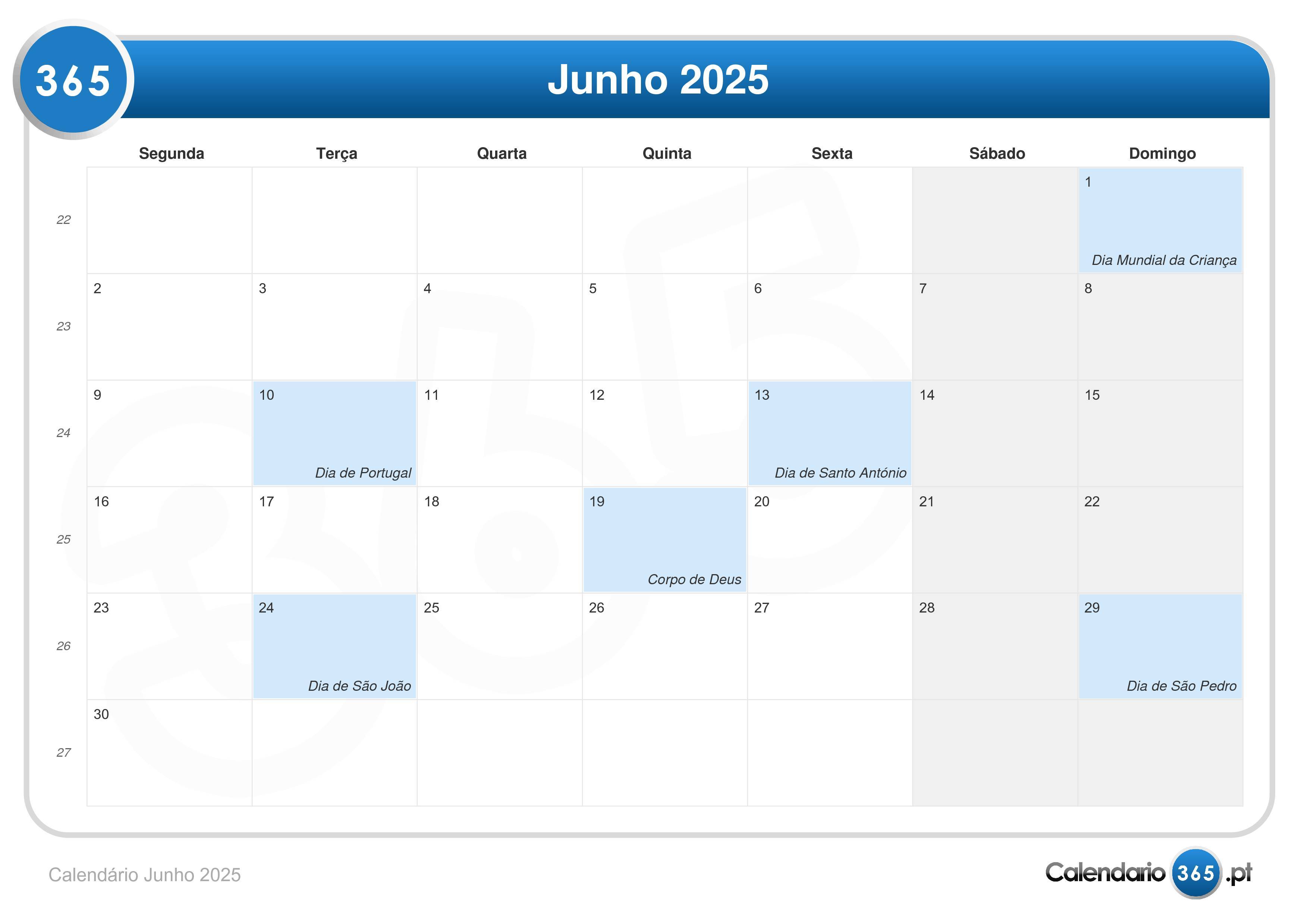 Calendário Junho 2025