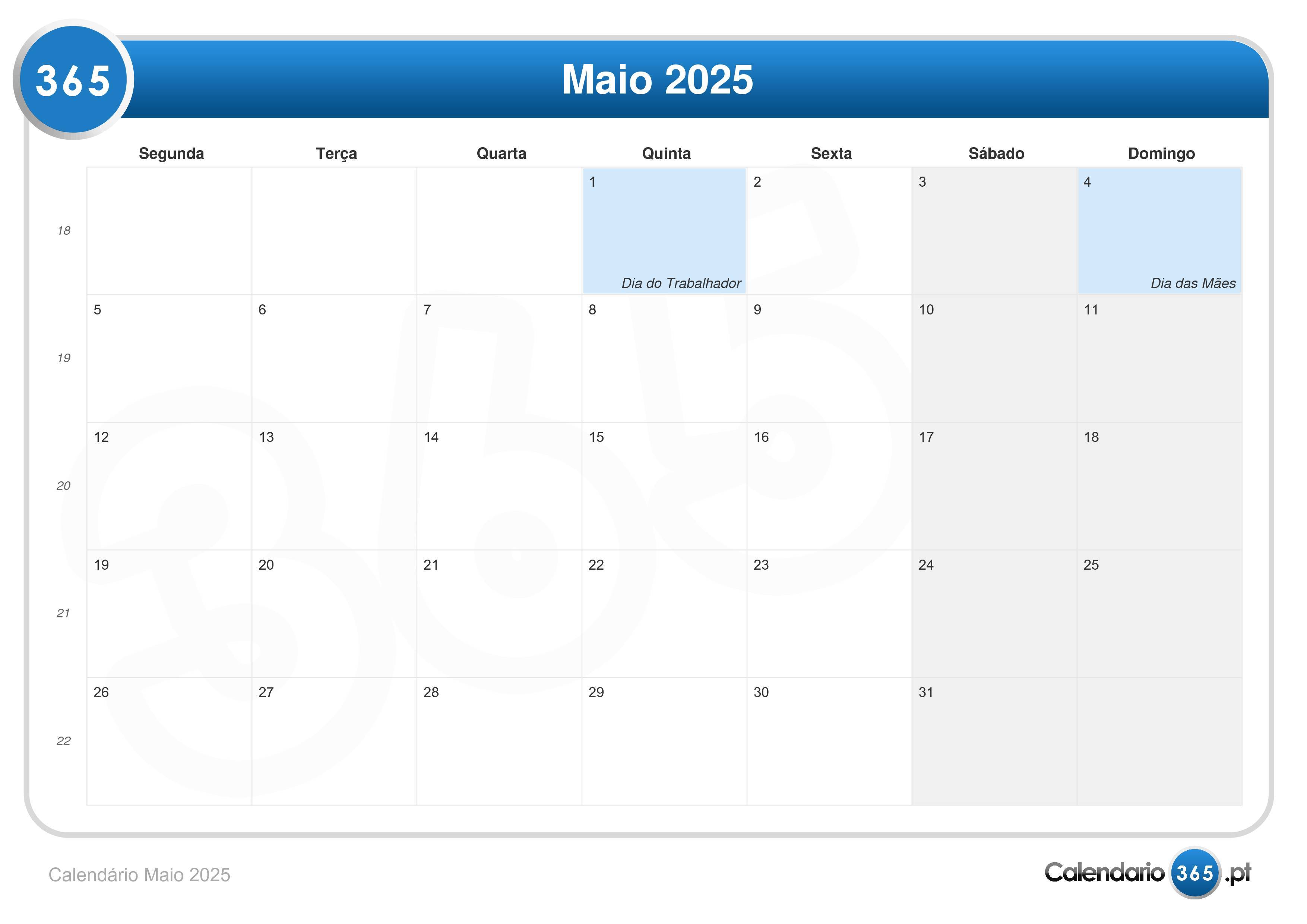 Calendário Maio 2025