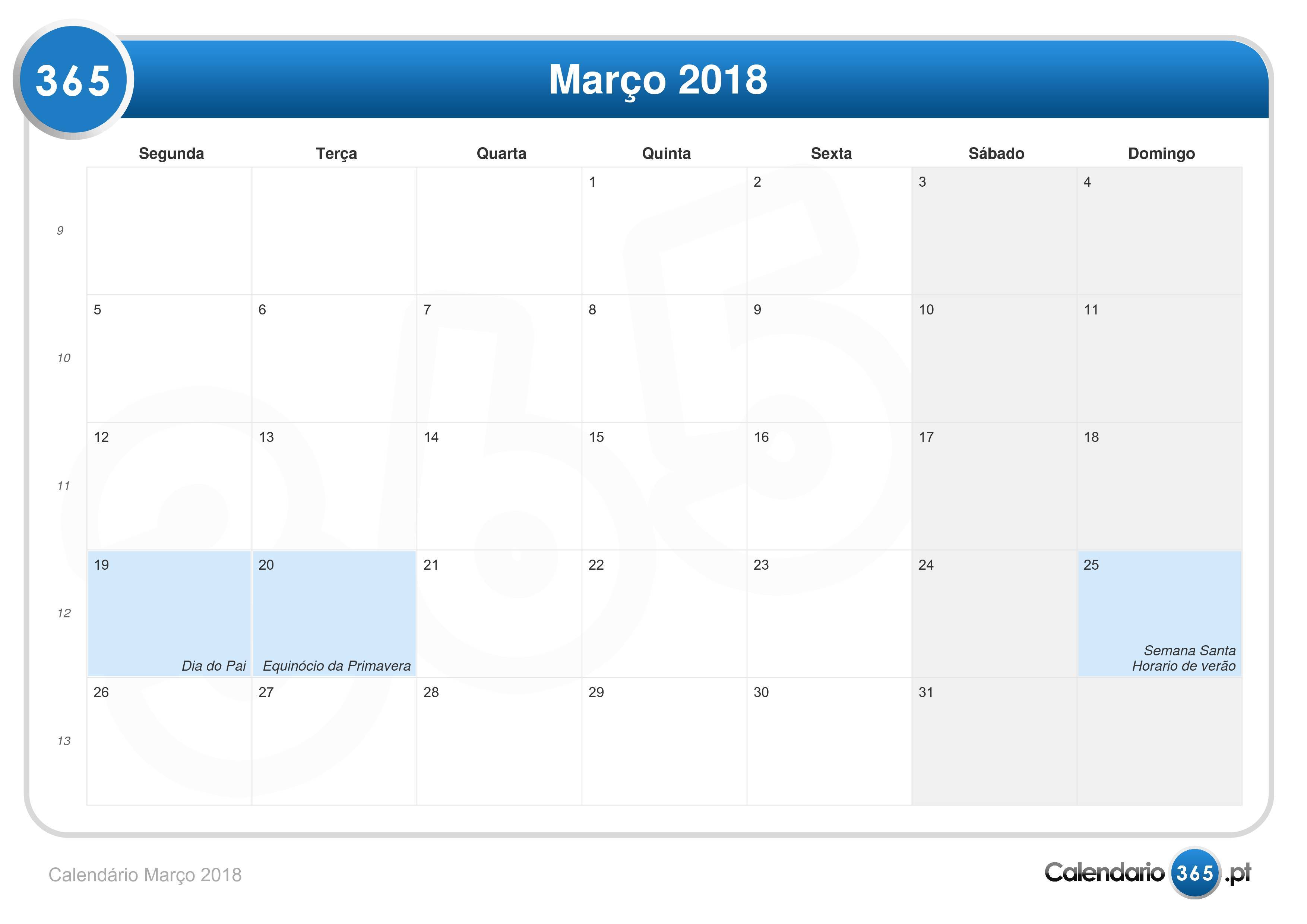 Calendário Março 2018