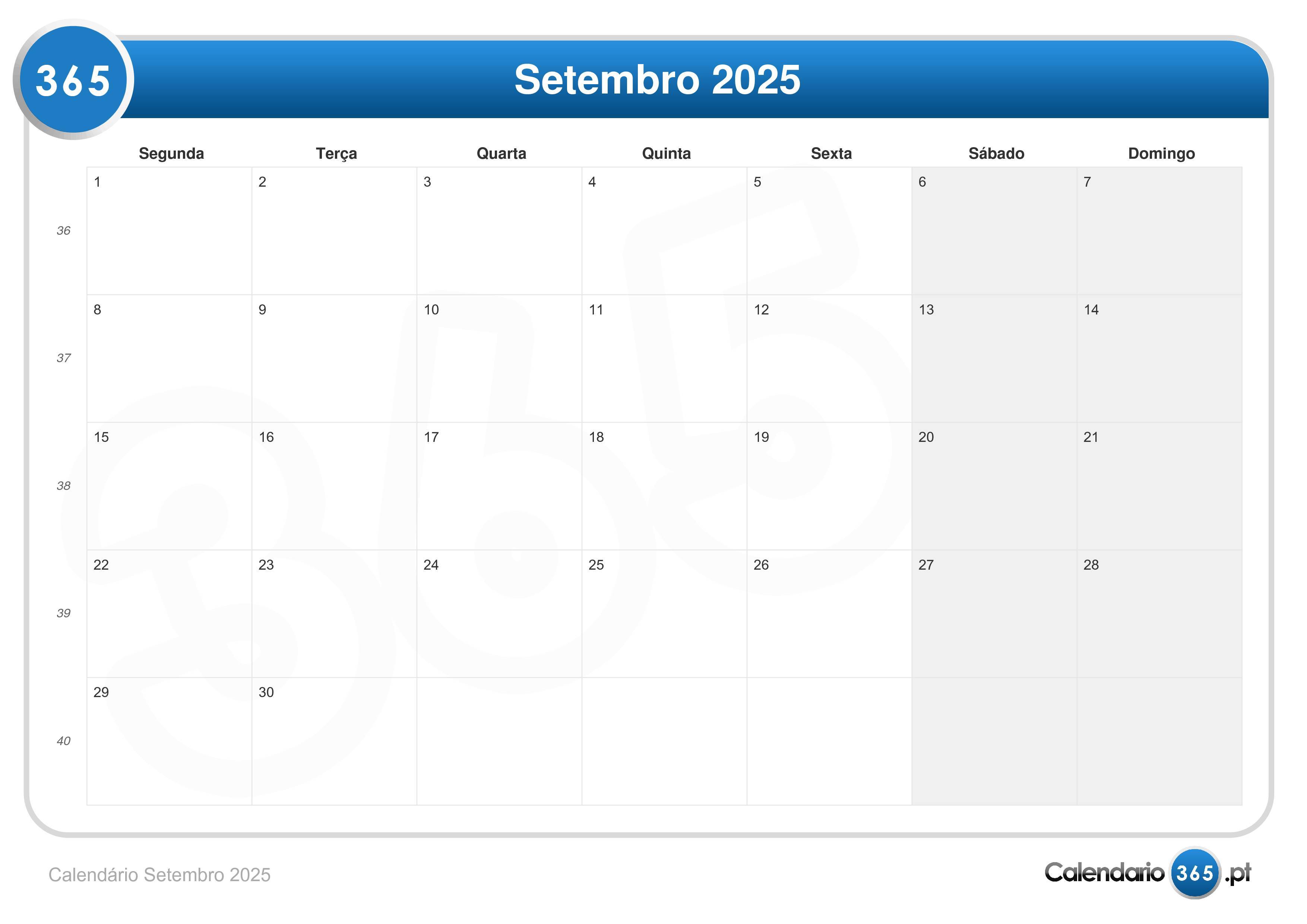 Calendário Setembro 2025